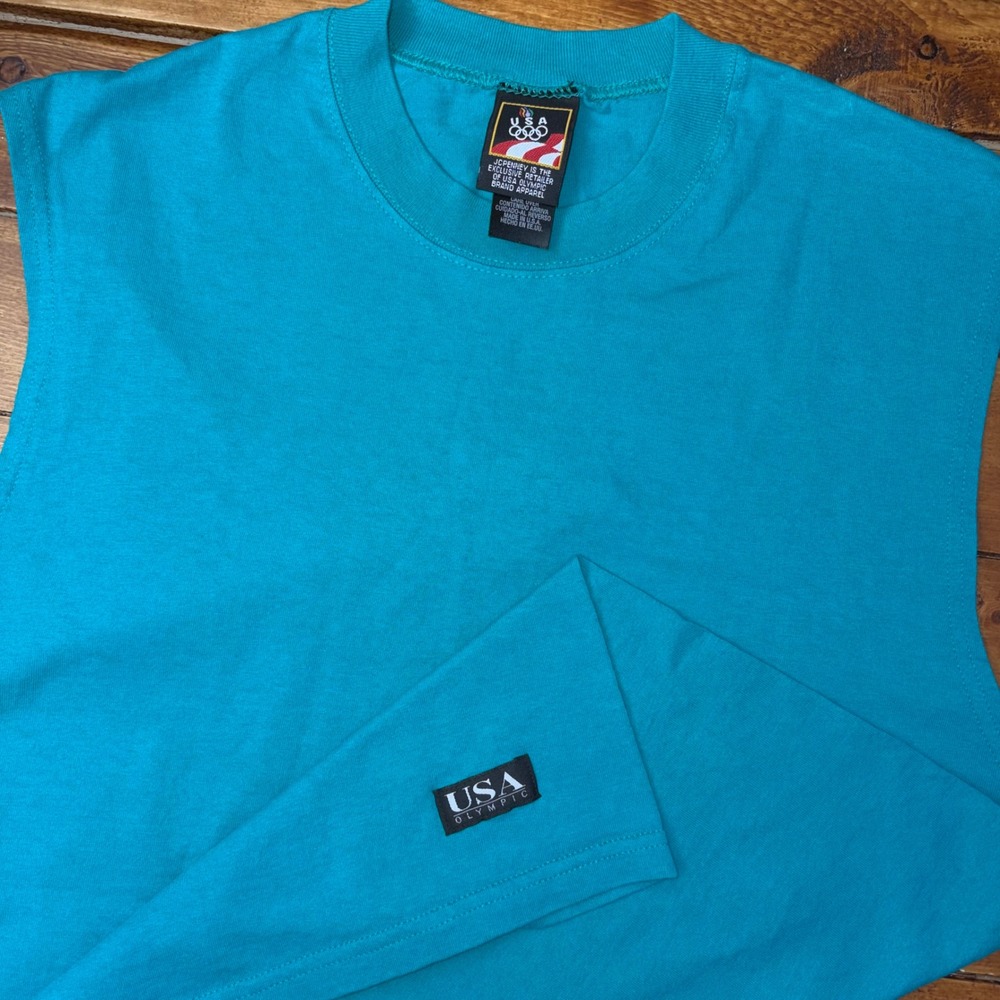 Vintage USA Olympic Tank Top Mens Large Teal 1990s Sleeveless JCPenney USA Made